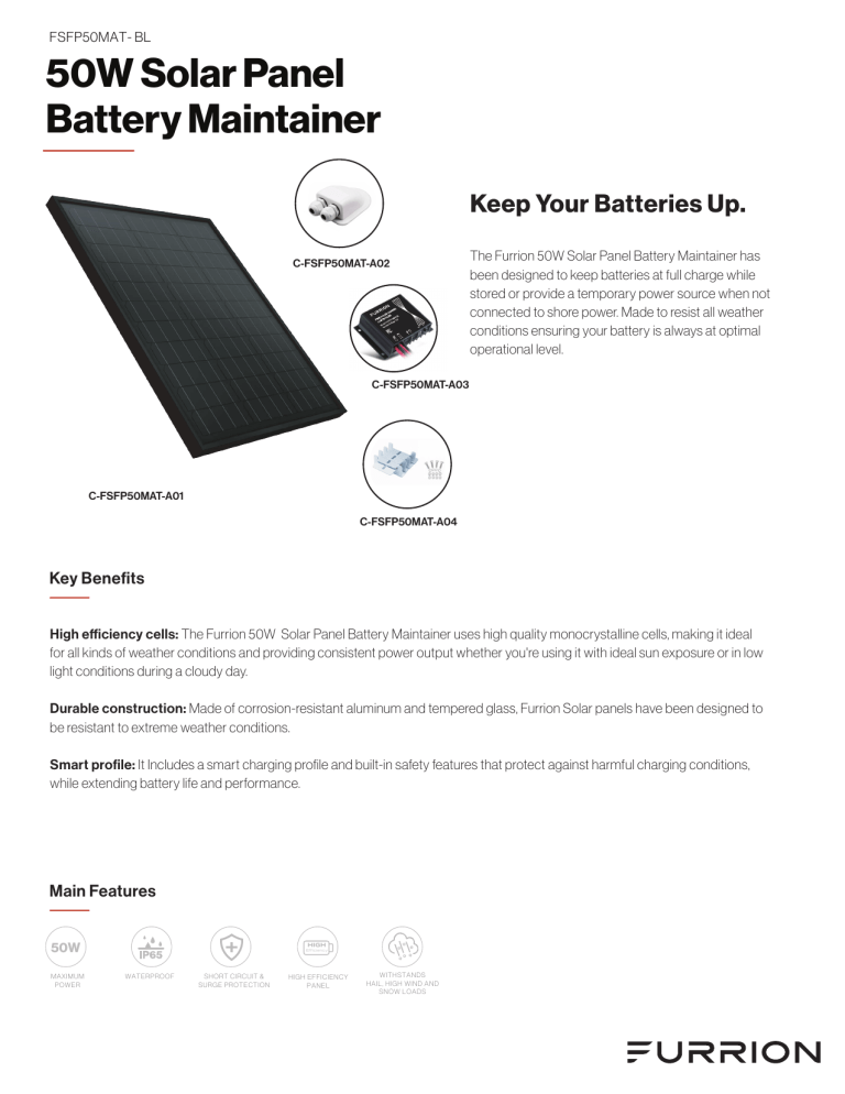 Furrion 50 Watt Rigid Solar Panel Battery Maintainer Kit Specification Furrion 50 Watt Rigid Solar Panel Battery Maintainer Kit Specification