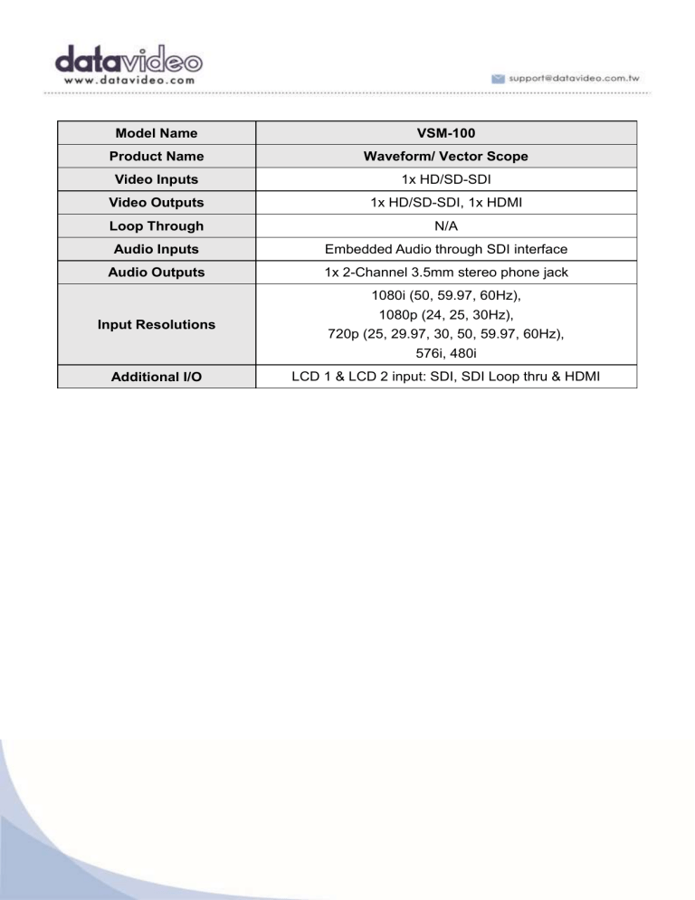 DataVideo VSM-100 Specification DataVideo VSM-100 Specification