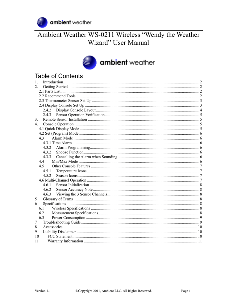 Ambient Weather WS-0211 Owner's manual Ambient Weather WS-0211 Owner's manual