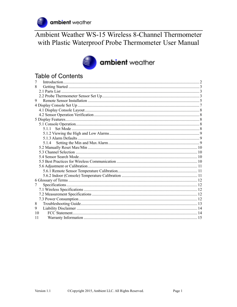 Ambient Weather WS-15 Owner's manual Ambient Weather WS-15 Owner's manual