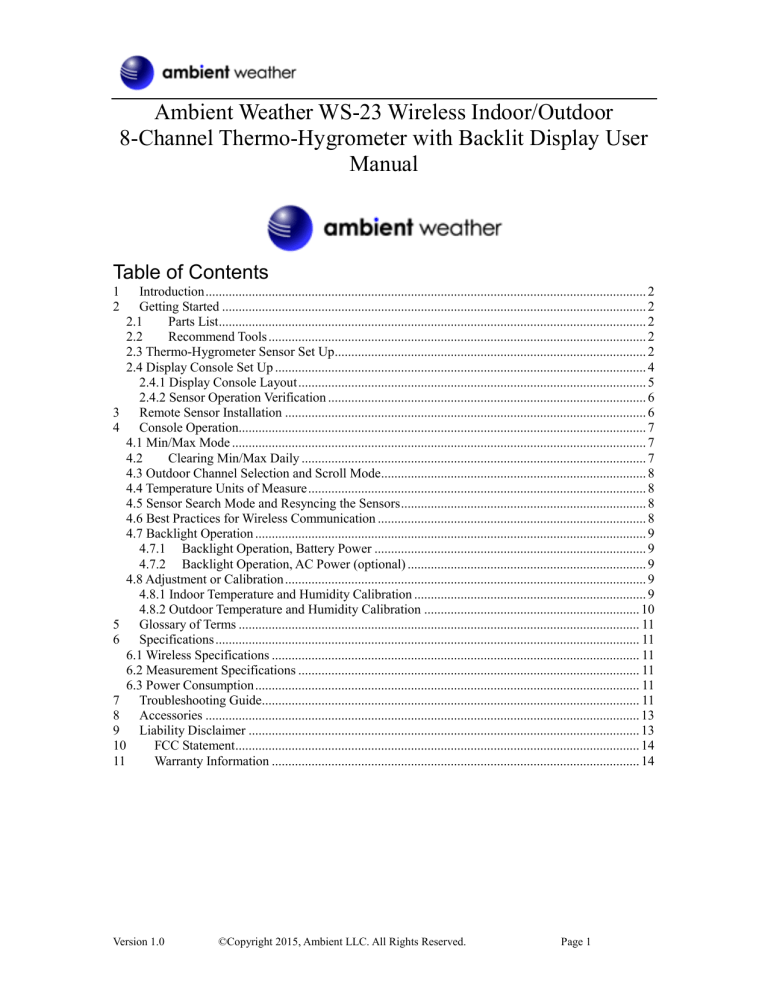 Ambient Weather WS-23 Owner's manual Ambient Weather WS-23 Owner's manual