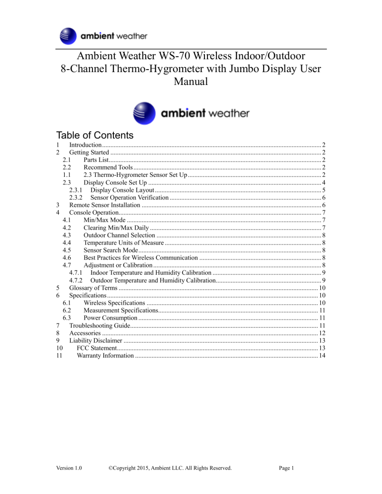 Ambient Weather WS-70 Owner's manual Ambient Weather WS-70 Owner's manual