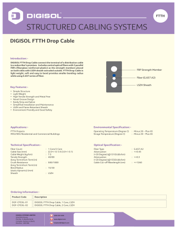 Digisol Channel Scs Ftth Drop Cable Sm Core Lszh Datasheet Manualzz