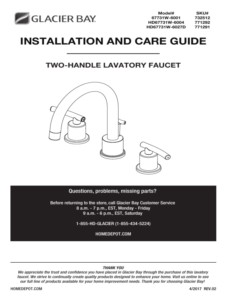 Glacier Bay HD67731W-6027D, HD67731W-6004 Installation guide Glacier Bay HD67731W-6027D, HD67731W-6004 Installation guide
