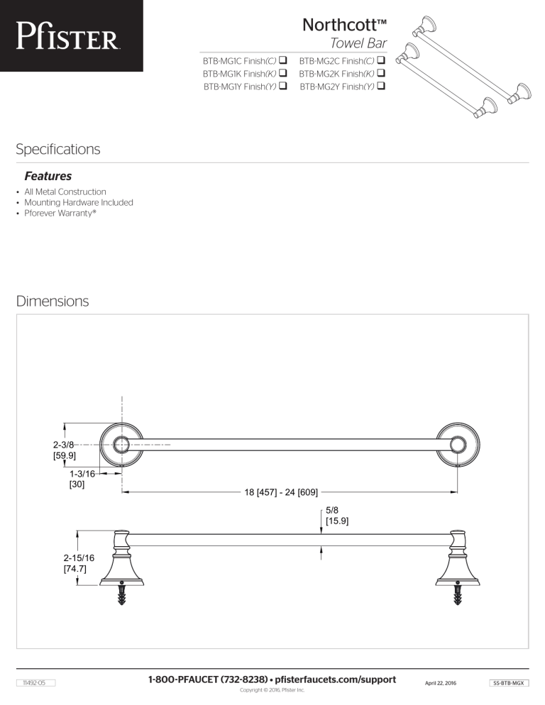 Pfister BPH-MG1Y, BTB-MG1K, BTB-MG2Y Specification Pfister BPH-MG1Y, BTB-MG1K, BTB-MG2Y Specification