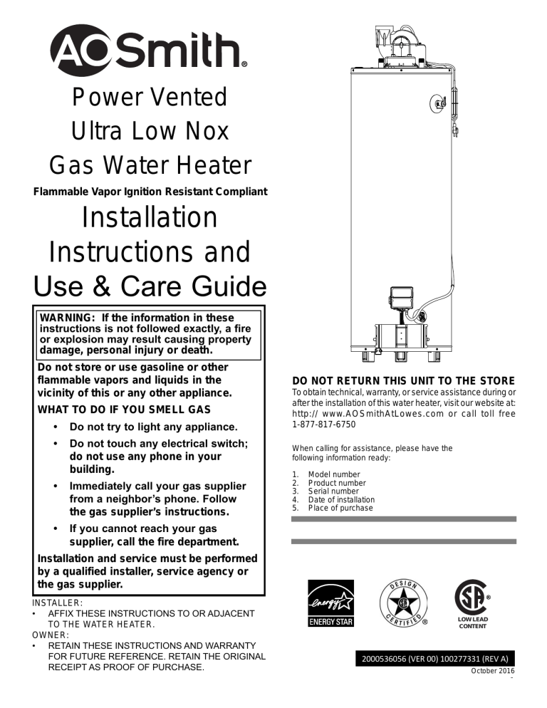 A.O. Smith G6-UPVT4042NV User guide A.O. Smith G6-UPVT4042NV User guide