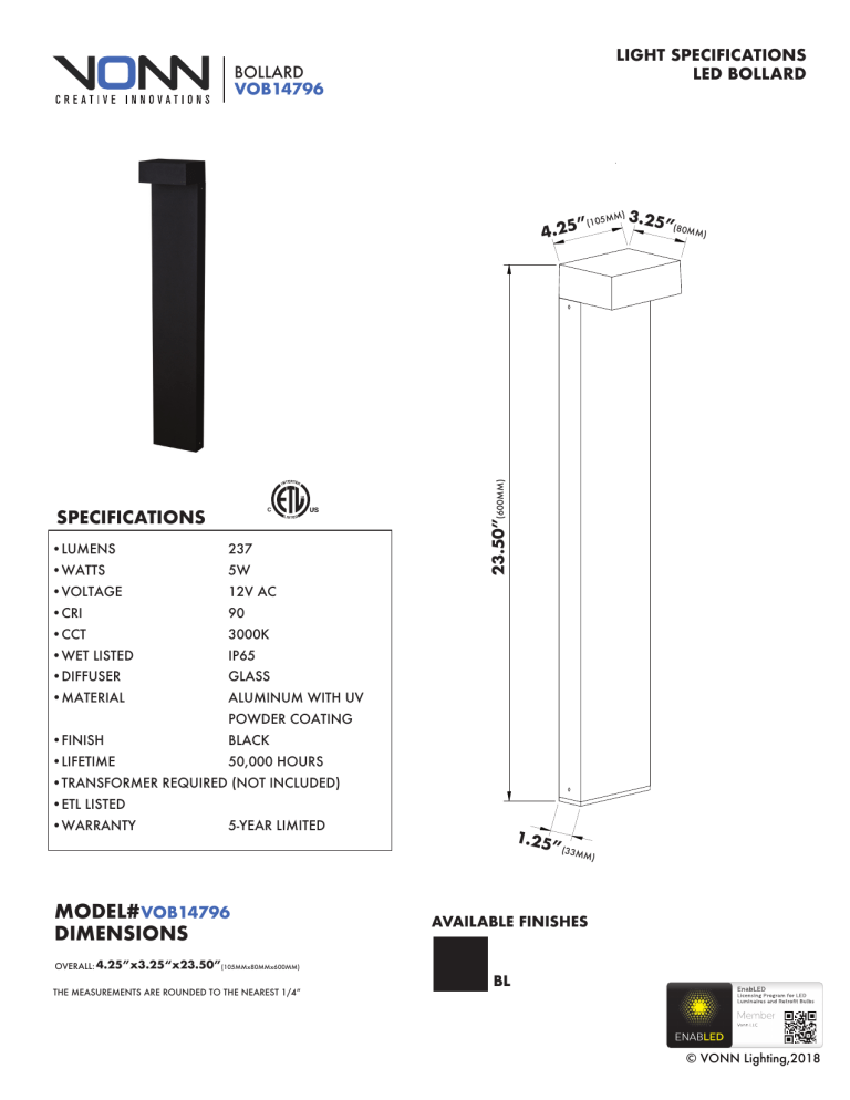 VONN Lighting VOB14796BL User manual VONN Lighting VOB14796BL User manual