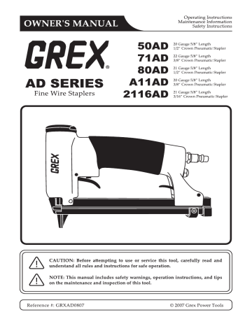 Grex A11AD 20-Gauge 3/8 in. Crown Stapler Use and Care Manual | Manualzz Grex A11AD 20-Gauge 3/8 in. Crown Stapler Use and Care Manual | Manualzz