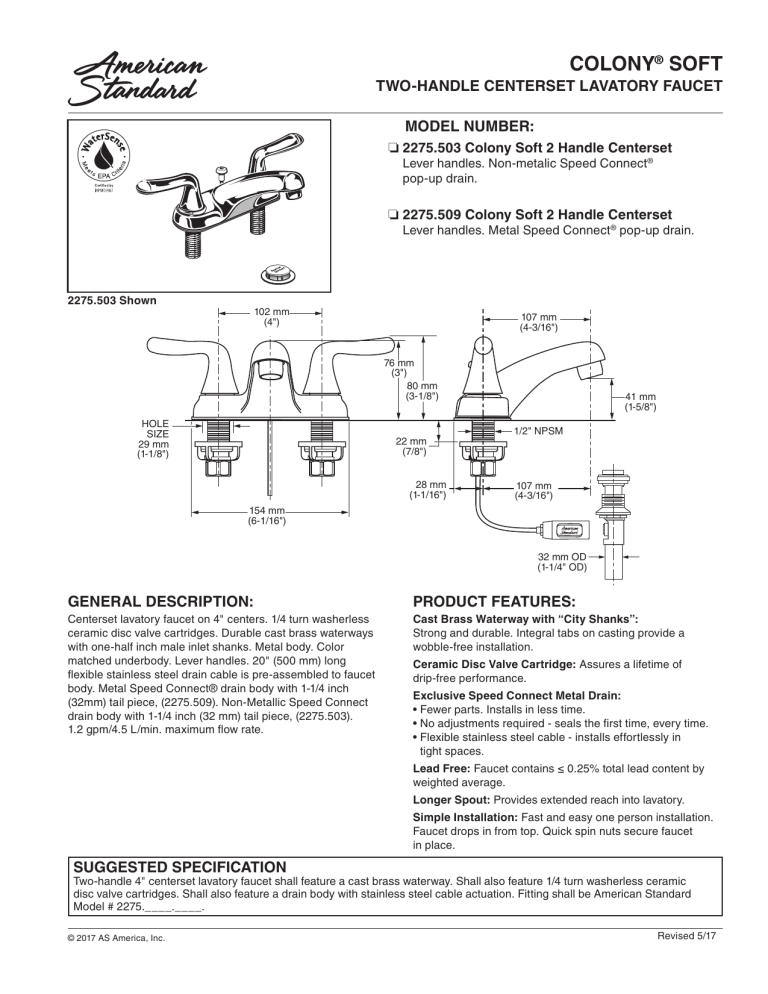 American Standard 2275.509.002 Specification American Standard 2275.509.002 Specification