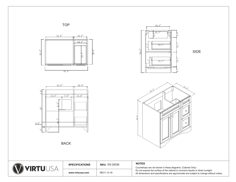 Virtu USA ES-32036-CAB-WH, ES-32036-CAB-ES Specification Virtu USA ES-32036-CAB-WH, ES-32036-CAB-ES Specification