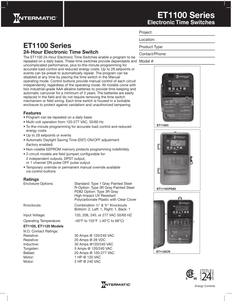 Intermatic ET1125C Specification Intermatic ET1125C Specification