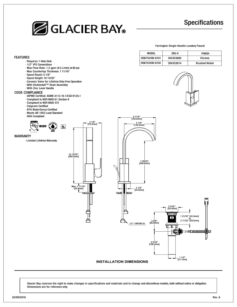 Glacier Bay HD67524W-6104 Specification Glacier Bay HD67524W-6104 Specification