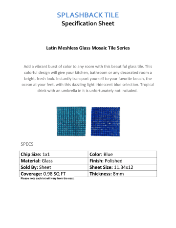 Splashback Tile LTNBLUINK Specification Splashback Tile LTNBLUINK Specification