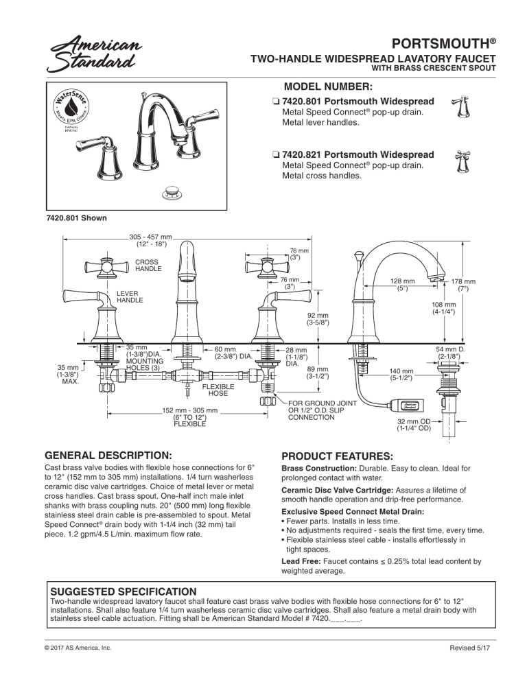 American Standard 7420.801.002, 7420821.295 Specification American Standard 7420.801.002, 7420821.295 Specification