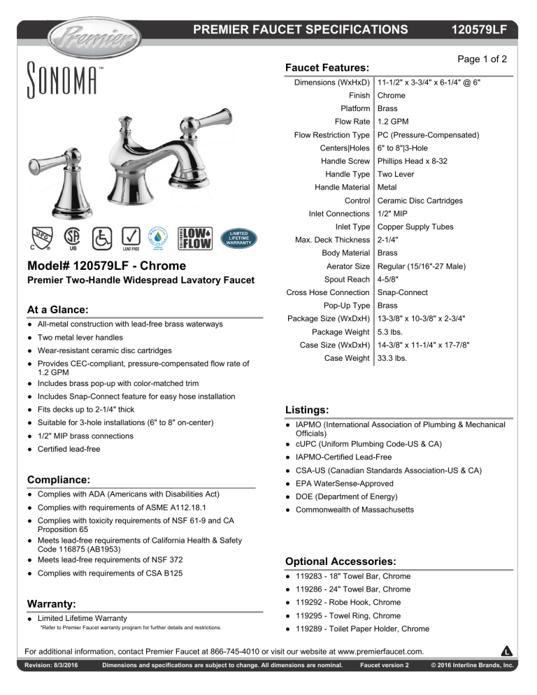 Premier 120579LF Specification Premier 120579LF Specification
