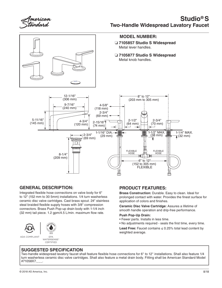 American Standard 7105857.243, 7105877.243, 7105857.295 Specification American Standard 7105857.243, 7105877.243, 7105857.295 Specification