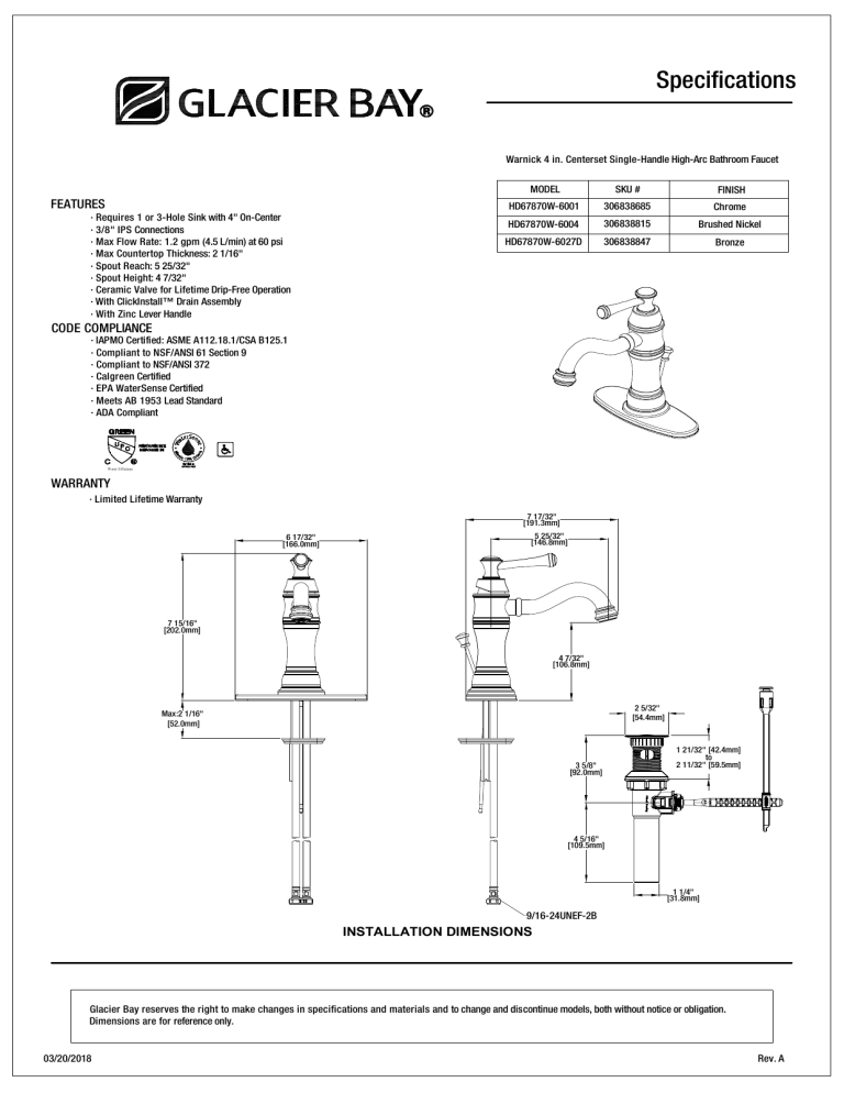 Glacier Bay HD67870W-6027D Specification Glacier Bay HD67870W-6027D Specification