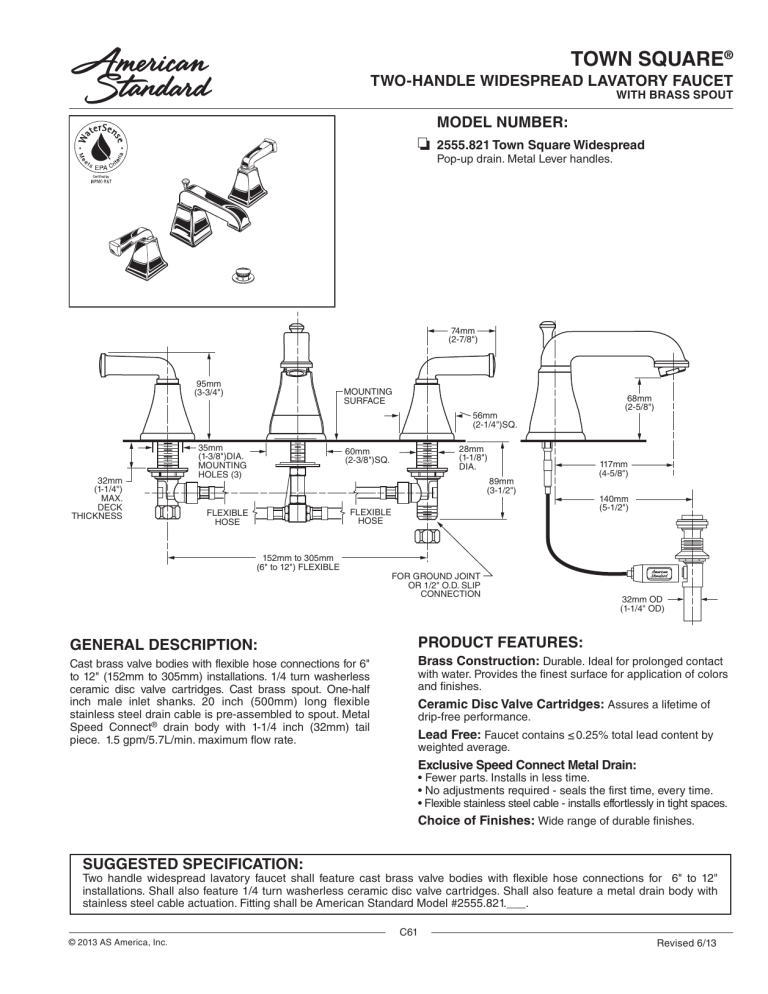 American Standard 2555.821.002, 2555.821.295 Specification American Standard 2555.821.002, 2555.821.295 Specification