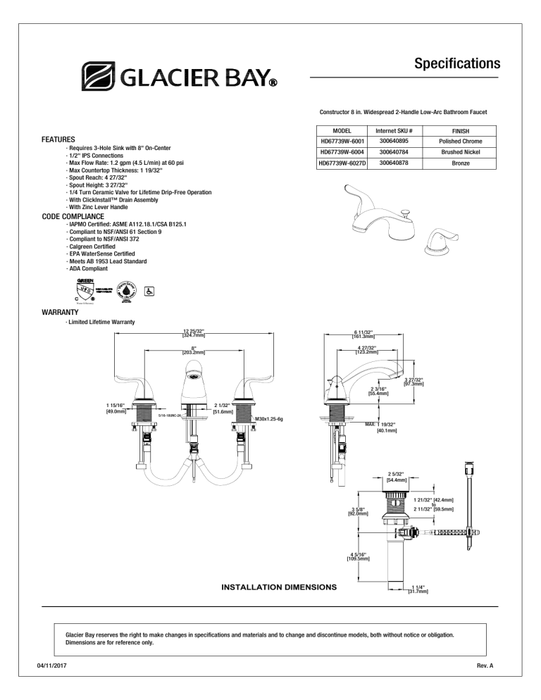 Glacier Bay HD67739W-6027D Specification Glacier Bay HD67739W-6027D Specification