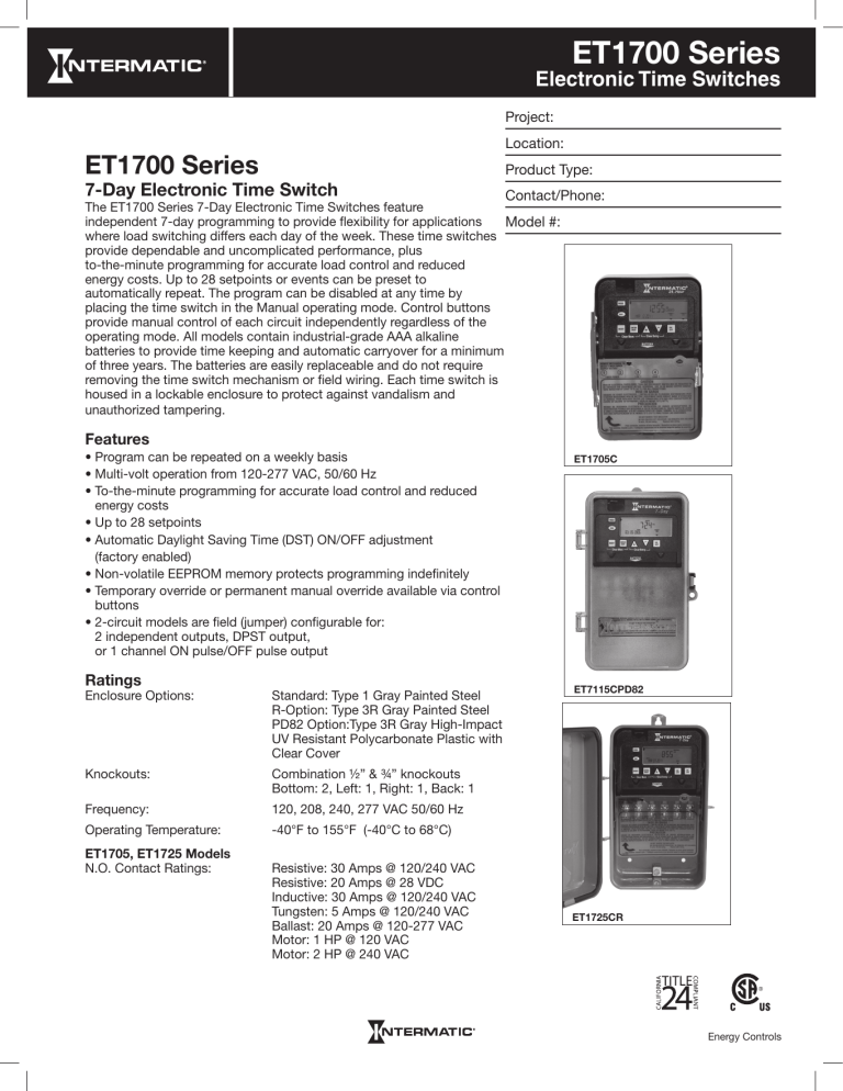 Intermatic ET1725C, ET1705C Operating instructions Intermatic ET1725C, ET1705C Operating instructions