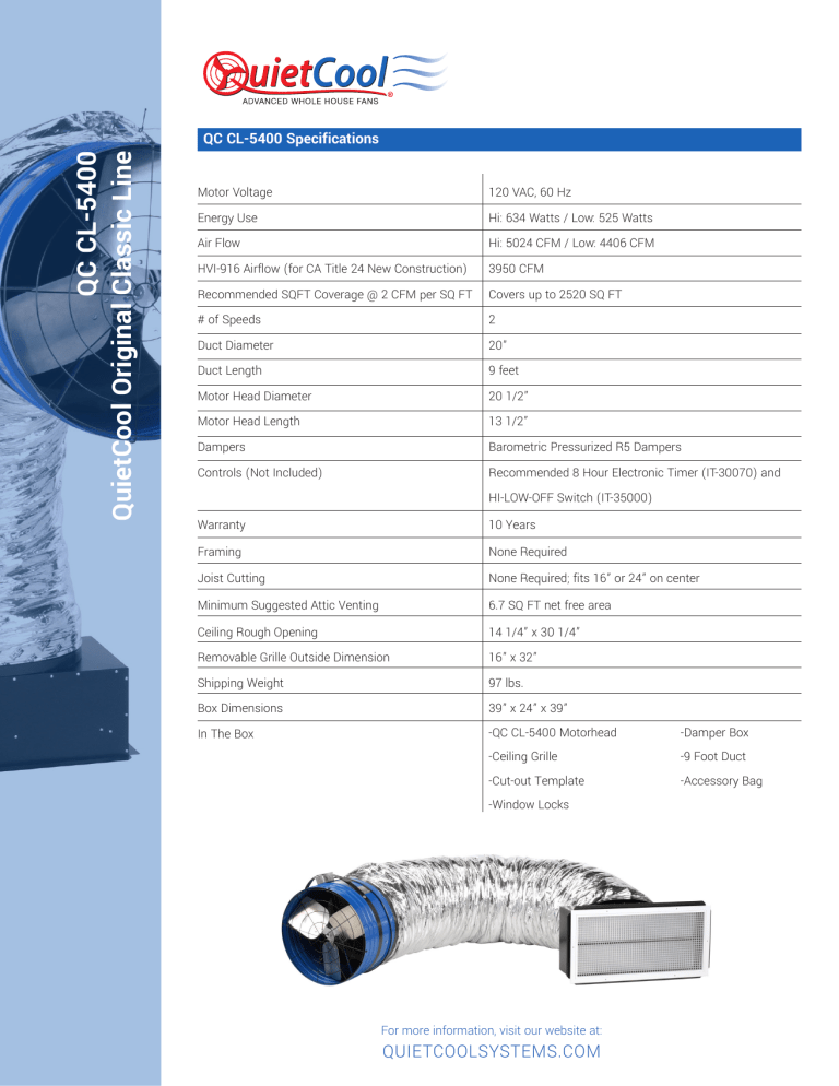 QuietCool QC CL-5400 Specification QuietCool QC CL-5400 Specification