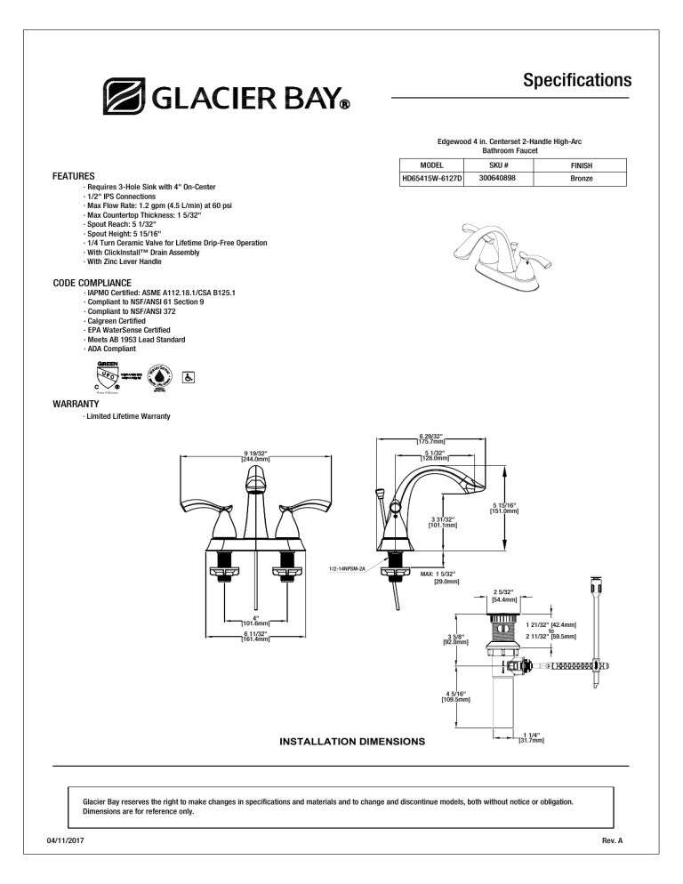 Glacier Bay HD65415W-6127D Specification Glacier Bay HD65415W-6127D Specification