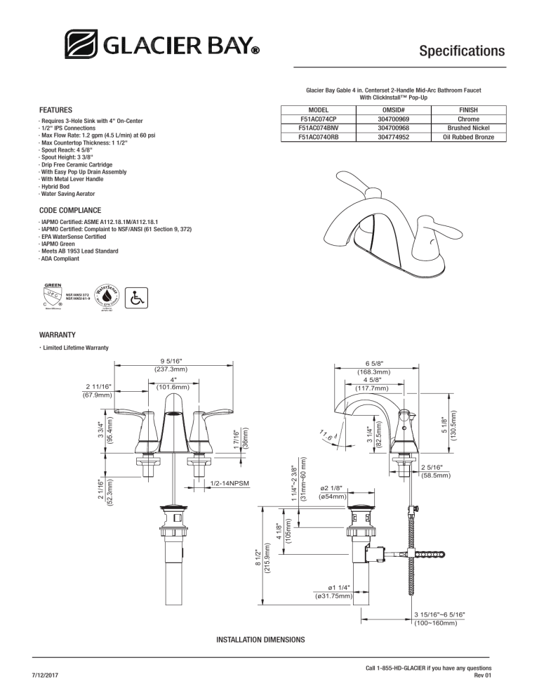Glacier Bay F51AC074BNV Specification Glacier Bay F51AC074BNV Specification