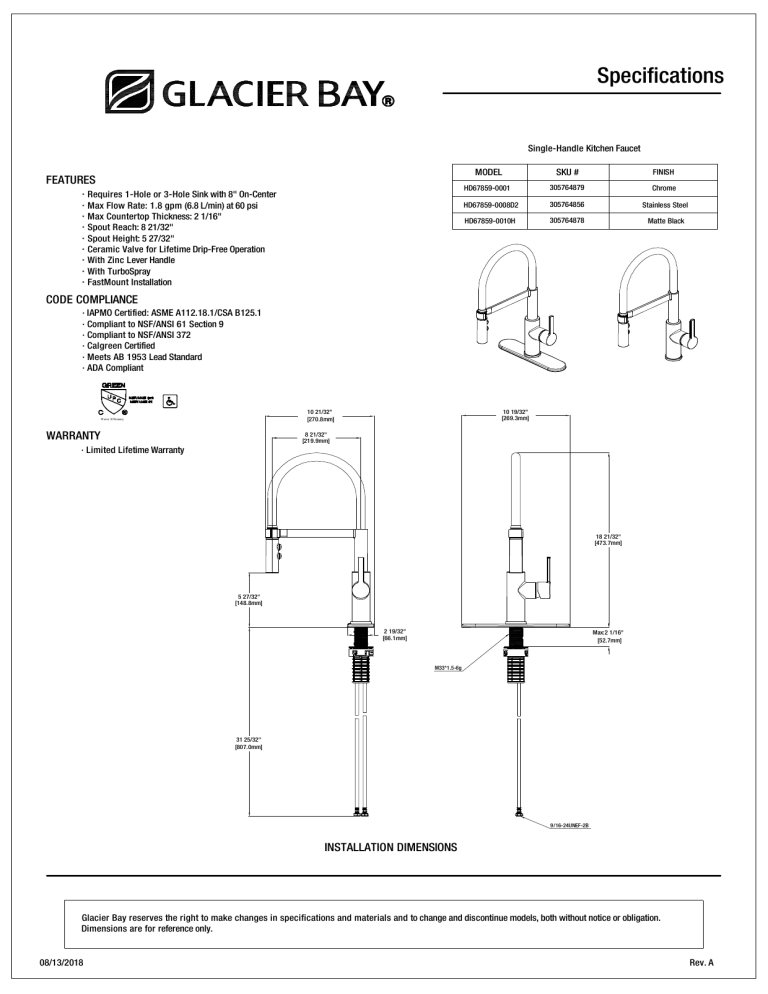 Glacier Bay HD67859-0010H, HD67859-0008D2 Specification Glacier Bay HD67859-0010H, HD67859-0008D2 Specification