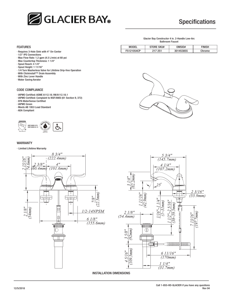 Glacier Bay F5121054CP Specification Glacier Bay F5121054CP Specification