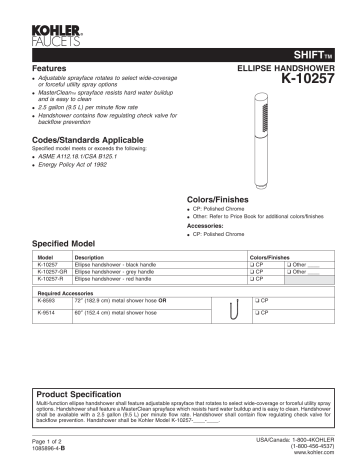 Kohler K-10257-A-CP Shift Elipse 2-Spray 1.1 in. Single Tub Deck Mount Handheld Adjustable Shower Head Specification | Manualzz