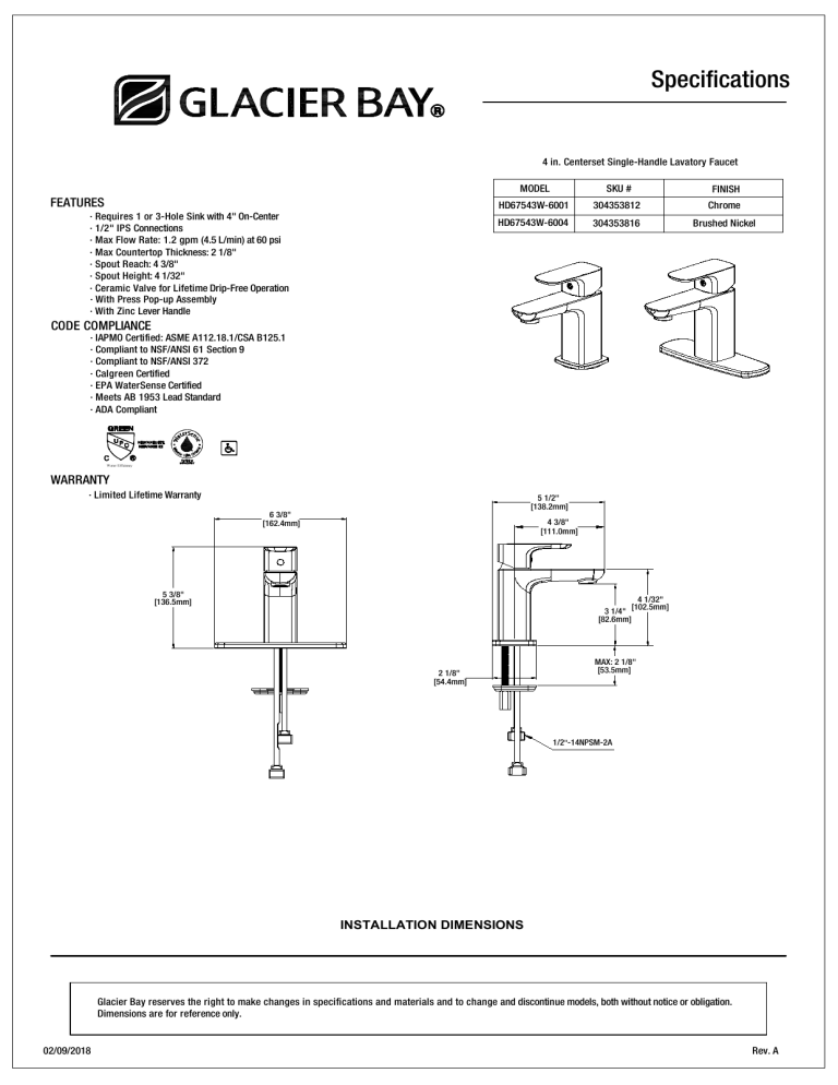 Glacier Bay HD67543W-6001 Specification Glacier Bay HD67543W-6001 Specification