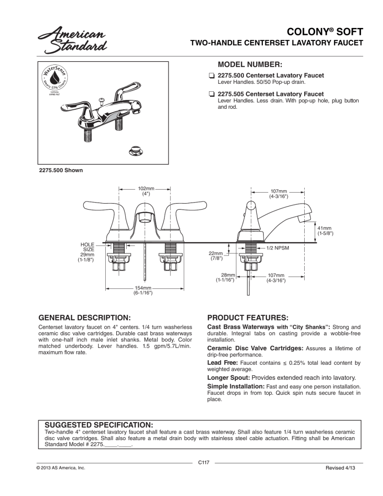 American Standard 2275.500.002 Specification American Standard 2275.500.002 Specification