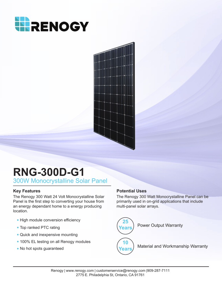 Renogy RNG-300Dx2, RNG-300Dx3, RNG-300D, RNG-300Dx4 Specification Renogy RNG-300Dx2, RNG-300Dx3, RNG-300D, RNG-300Dx4 Specification