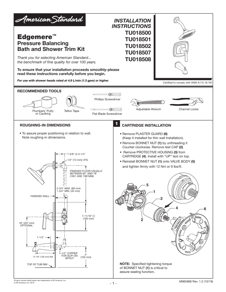 American Standard TU018500.002, TU018500.295 Installation guide American Standard TU018500.002, TU018500.295 Installation guide
