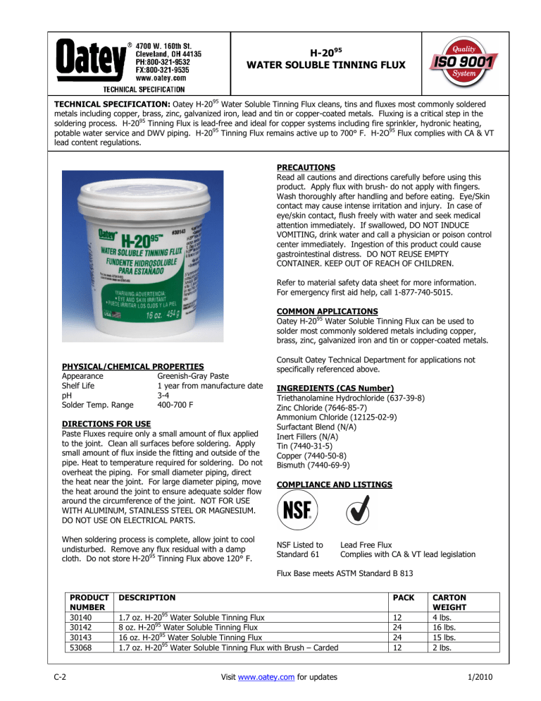 Oatey 301402 Specification Oatey 301402 Specification