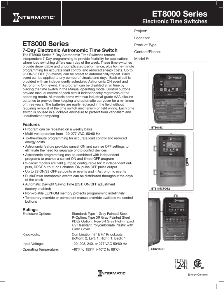 Intermatic ET8215C, ET8015C Specification Intermatic ET8215C, ET8015C Specification