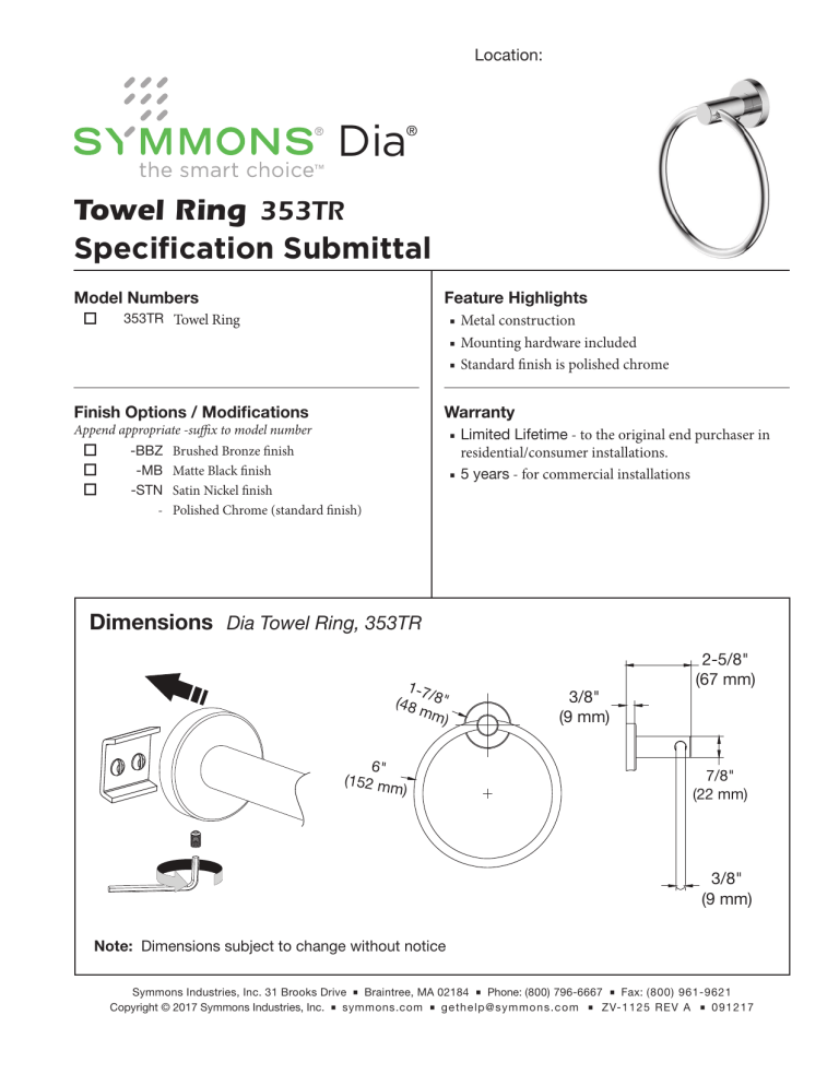 Symmons 353TR-BBZ Specification Symmons 353TR-BBZ Specification