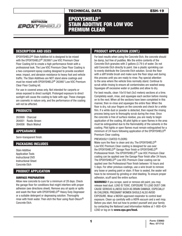 Rust-Oleum EpoxyShield 263999, 264001 Specification Rust-Oleum EpoxyShield 263999, 264001 Specification
