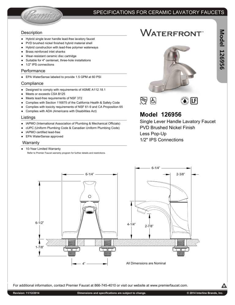 Premier 126956 Specification Premier 126956 Specification