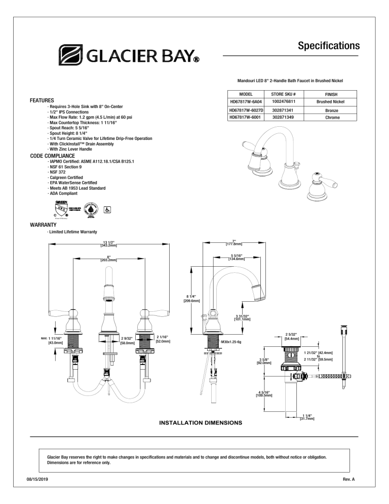Glacier Bay HD67817W-6A04 Specification Glacier Bay HD67817W-6A04 Specification