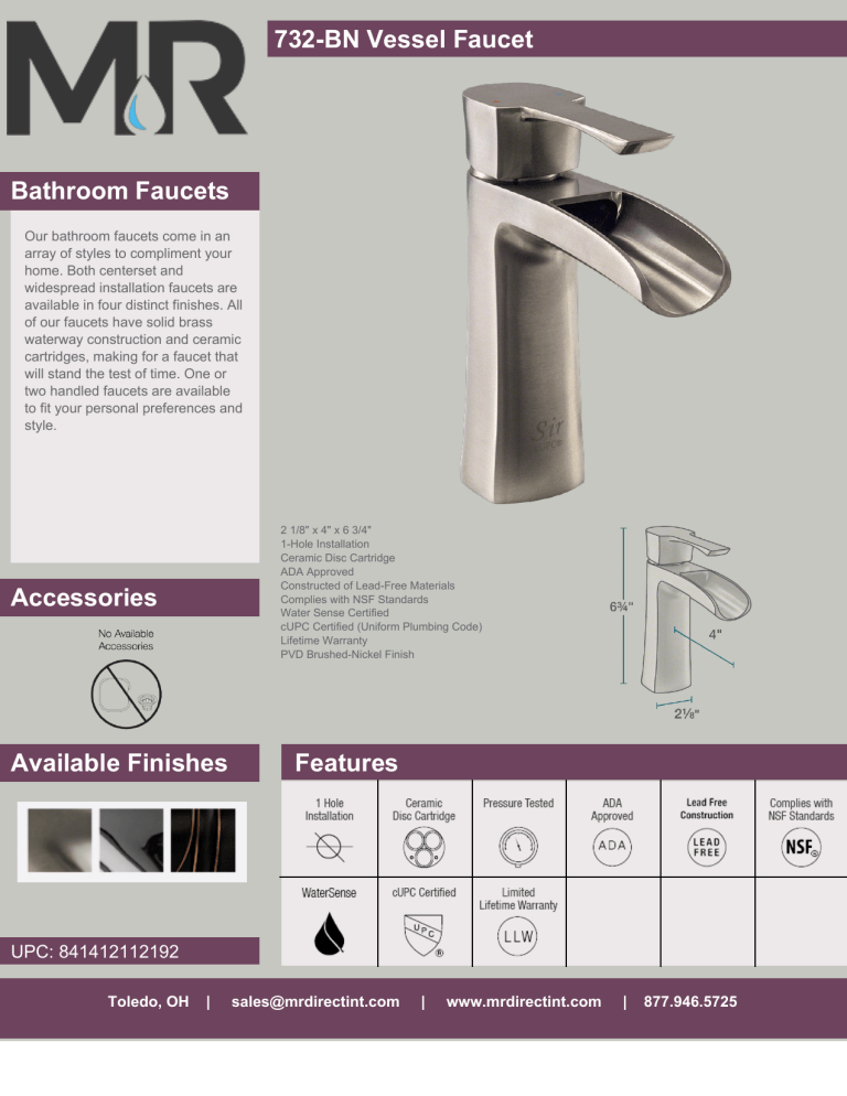 Sir Faucet 732-BN Specification Sir Faucet 732-BN Specification