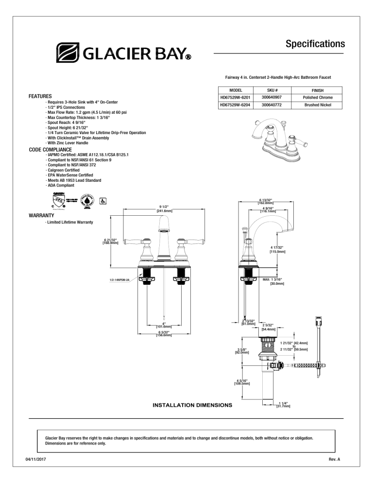 Glacier Bay HD67529W-6201, HD67529W-6204 Specification Glacier Bay HD67529W-6201, HD67529W-6204 Specification