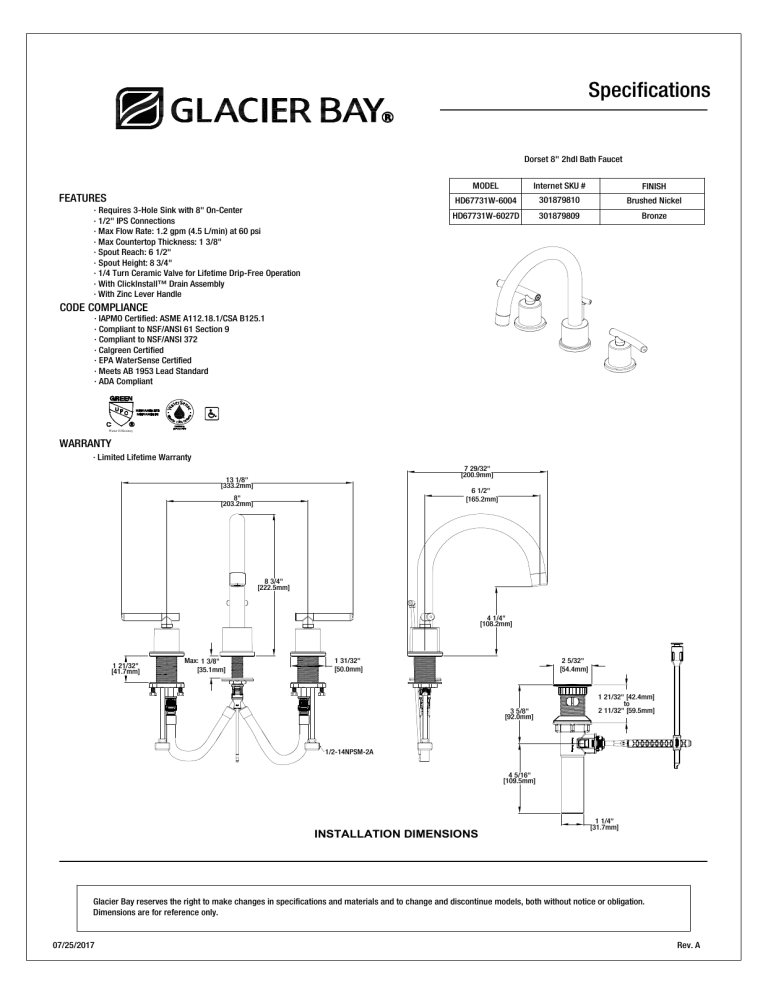 Glacier Bay HD67731W-6027D Specification Glacier Bay HD67731W-6027D Specification