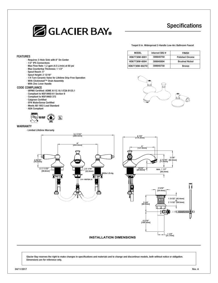 Glacier Bay HD67738W-6027D, HD67738W-6004 Specification Glacier Bay HD67738W-6027D, HD67738W-6004 Specification