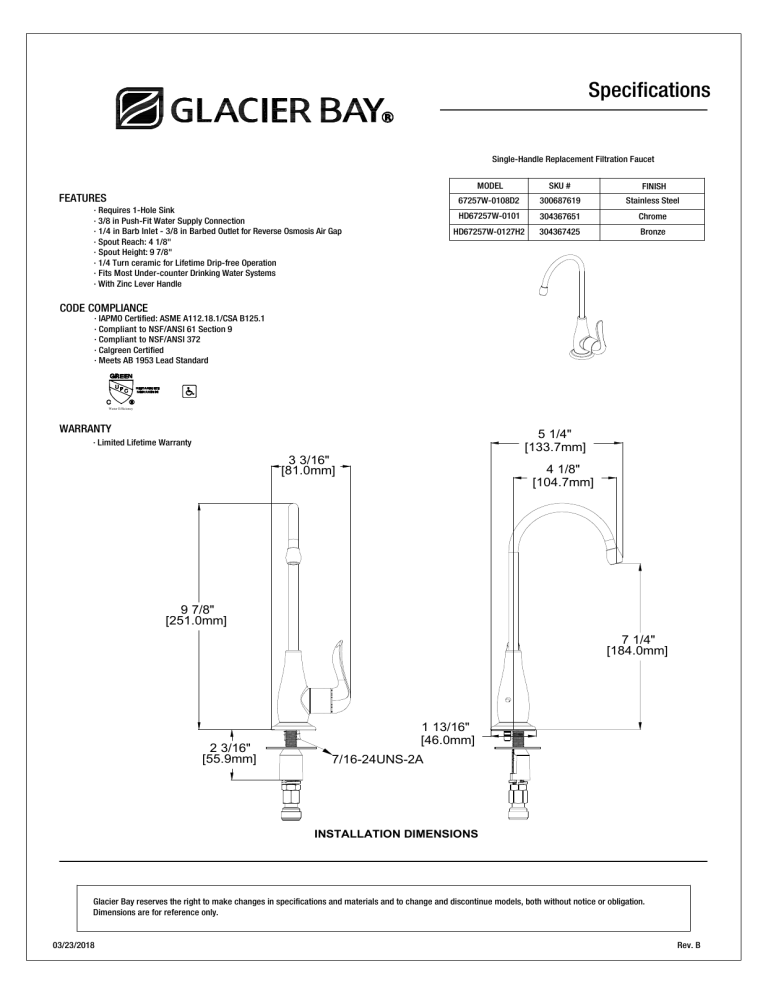 Glacier Bay HD67257W-0101, 67257W-0108D2 Specification Glacier Bay HD67257W-0101, 67257W-0108D2 Specification
