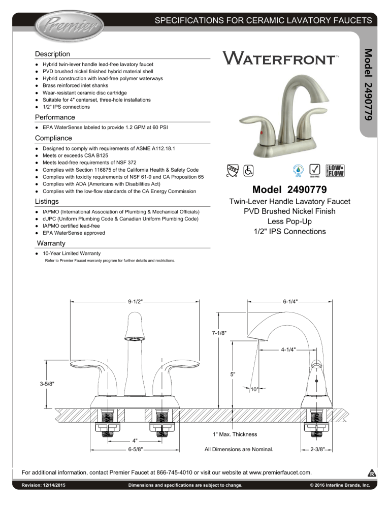 Premier 350021 Specification Premier 350021 Specification
