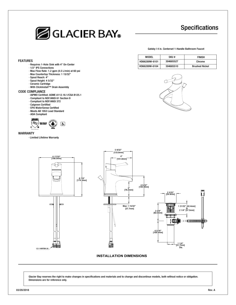 Glacier Bay HD66289W-6104 Specification Glacier Bay HD66289W-6104 Specification