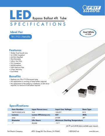 Feit Electric T4819/LEDIF/41K/4 Specification Feit Electric T4819/LEDIF/41K/4 Specification
