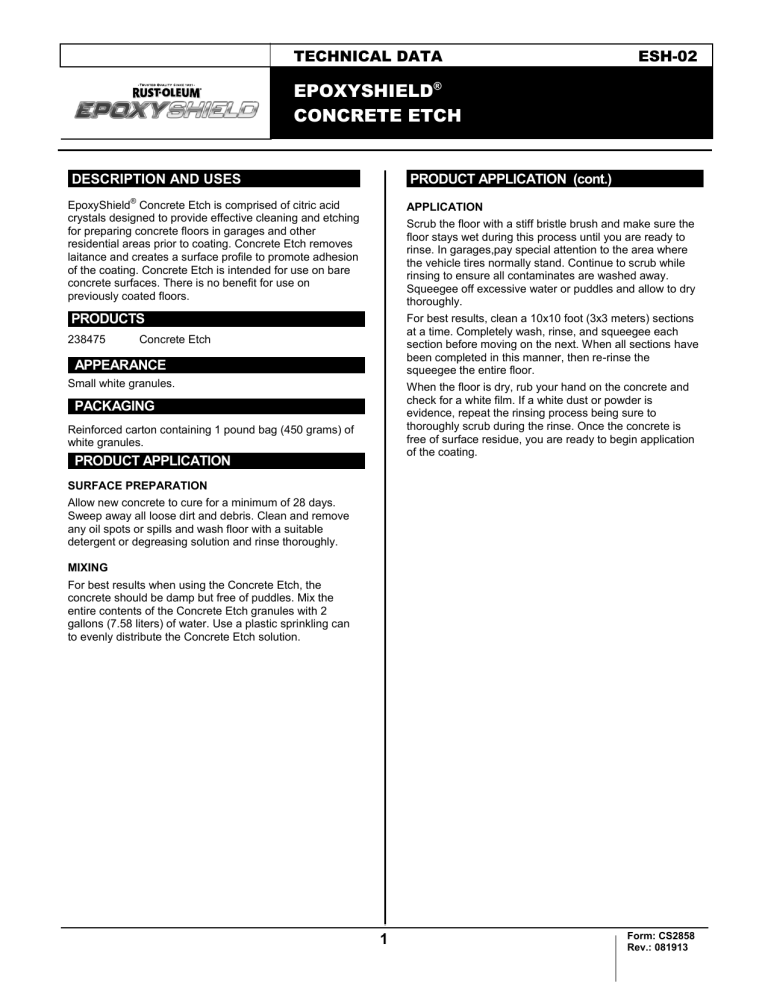 Rust-Oleum EpoxyShield 238475 Specification Rust-Oleum EpoxyShield 238475 Specification