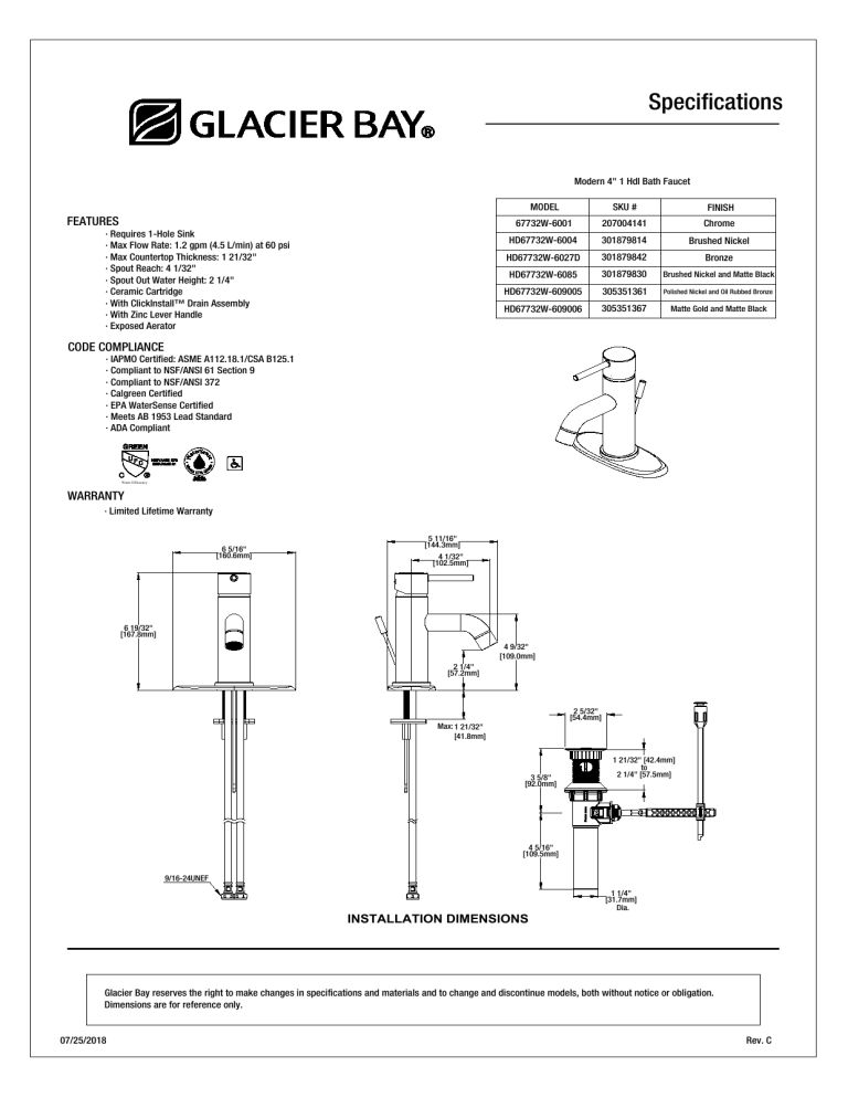 Glacier Bay HD67732W-609006 Specification Glacier Bay HD67732W-609006 Specification